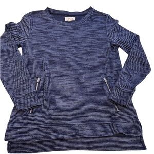 Per Se Navy Textured Stripe Pullover Top Small Zip Detail